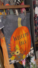 Load and play video in Gallery viewer, Hello Fall Pumpkins Outdoor Flag Small Black White, and Orange Plaid Border
