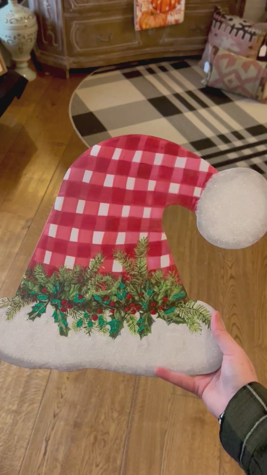 Gingham Santa Hat Metal Stake Outdoor or Indoor