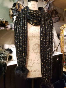 Glam Black & Gold Knit Metallic Scarf with Matching Hat