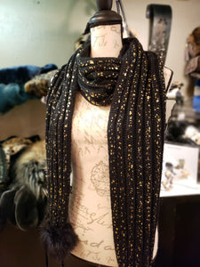 Glam Black & Gold Knit Metallic Scarf with Matching Hat