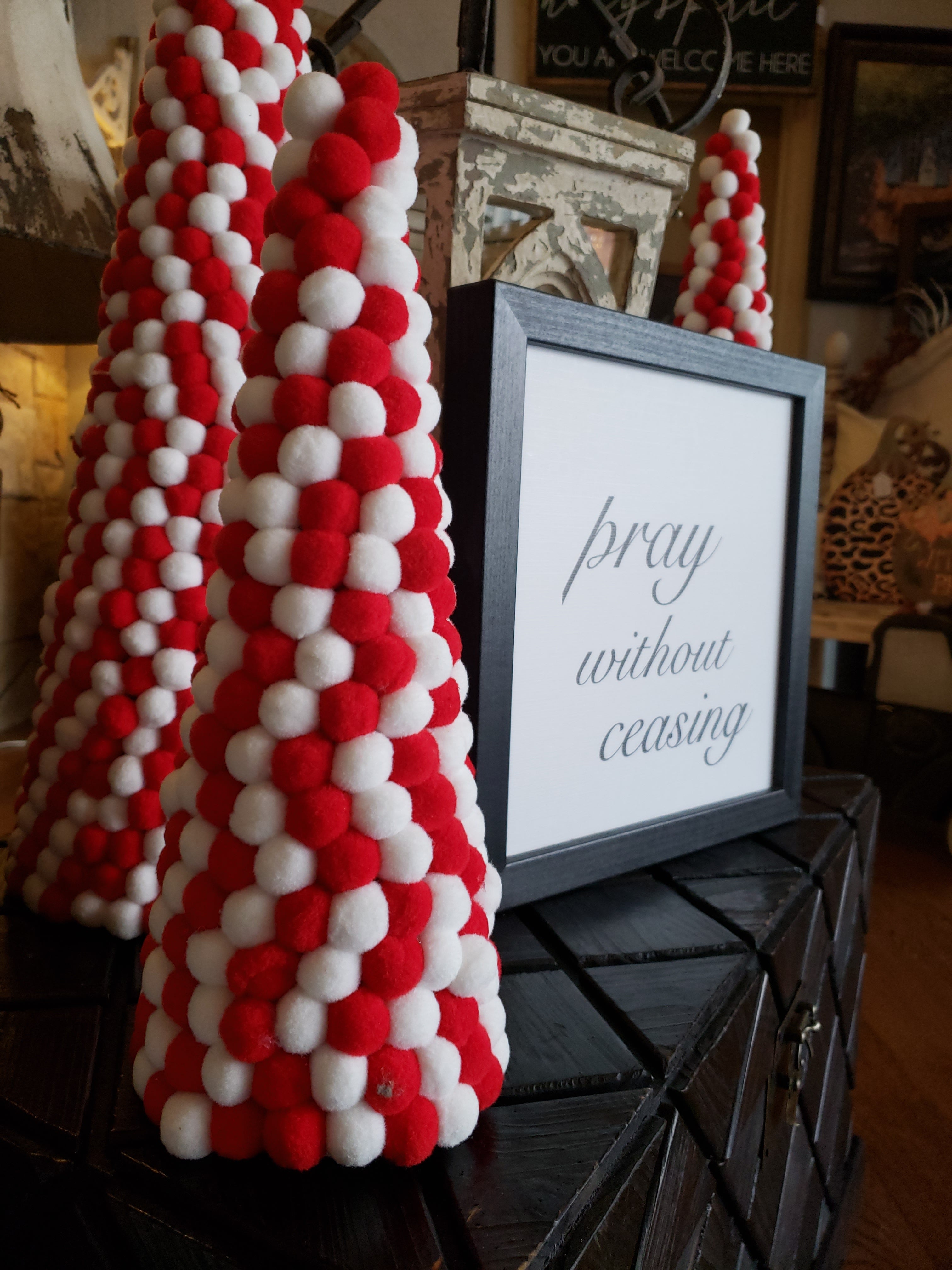 Set of 3 Red & White Pom Cone Trees