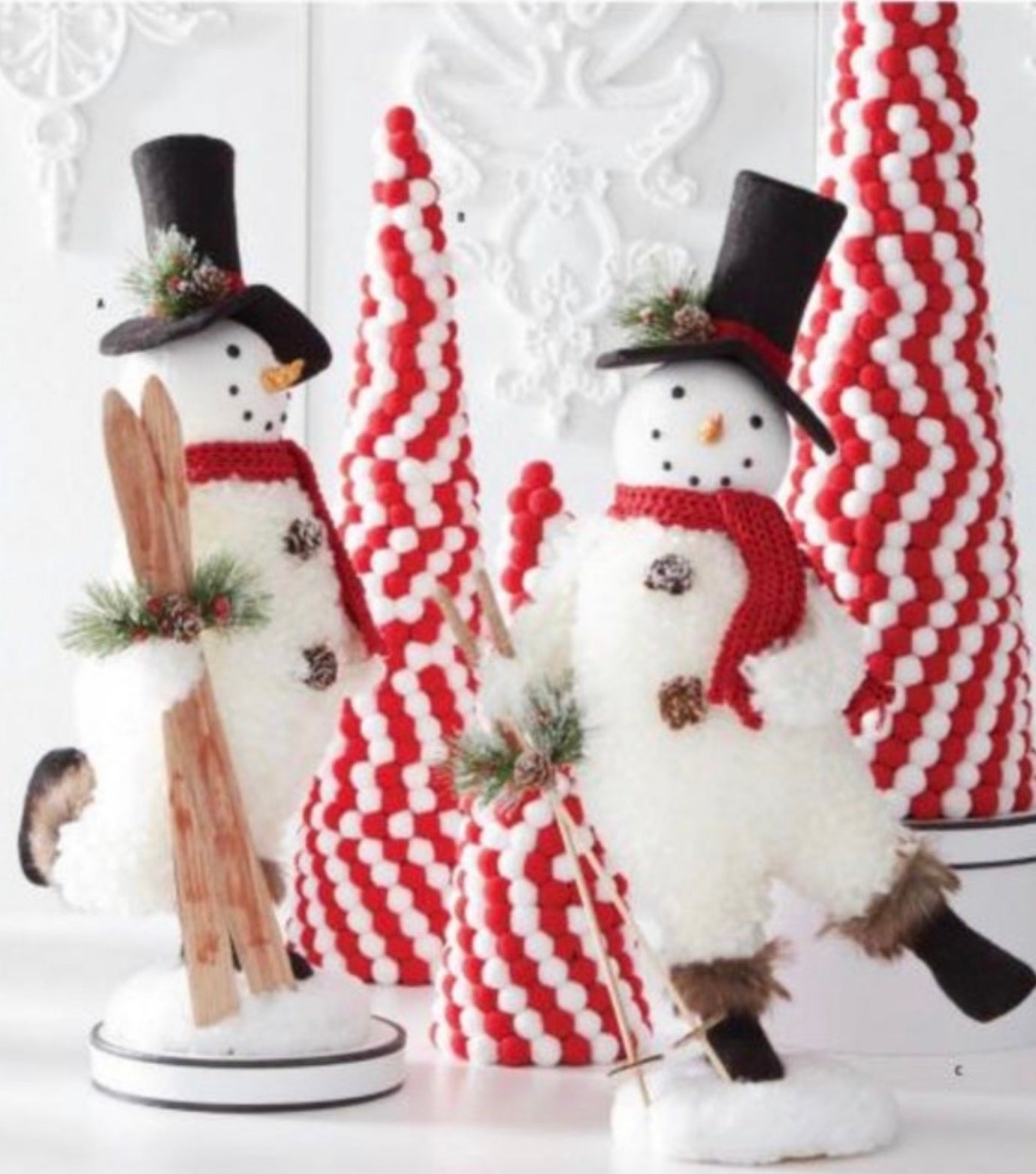 Set of 3 Red & White Pom Cone Trees