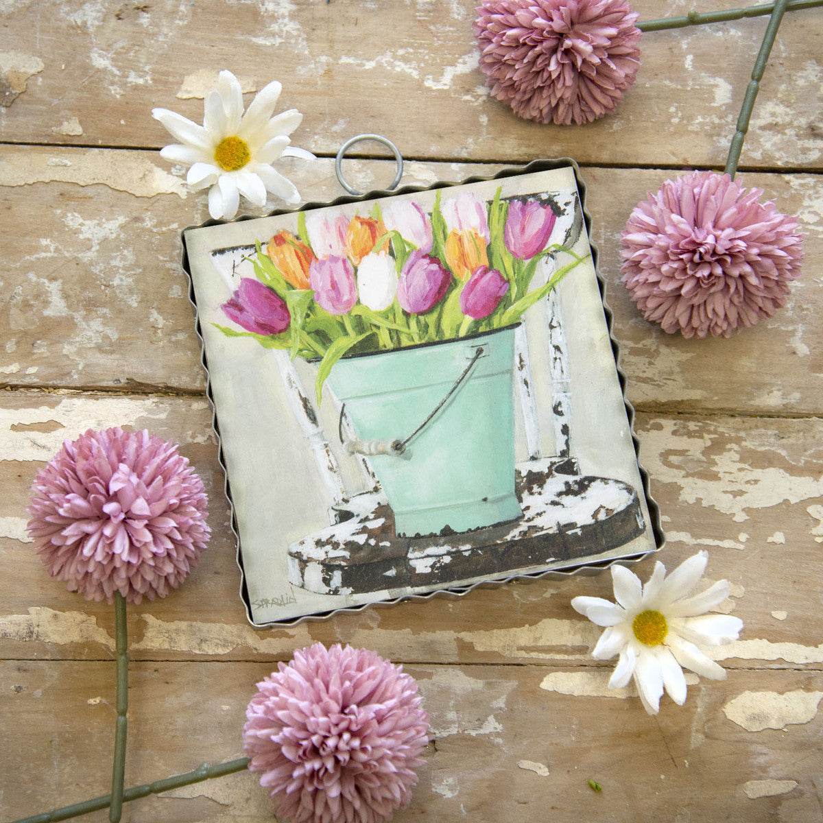 Bucket of Tulips Mini Print with Cowhide Cushion Chair