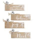 Load image into Gallery viewer, Set of 4 Signs w/ Burlap Bow and Silver Bell 6&quot;length Noel, Believe, Merry Christmas, Joy
