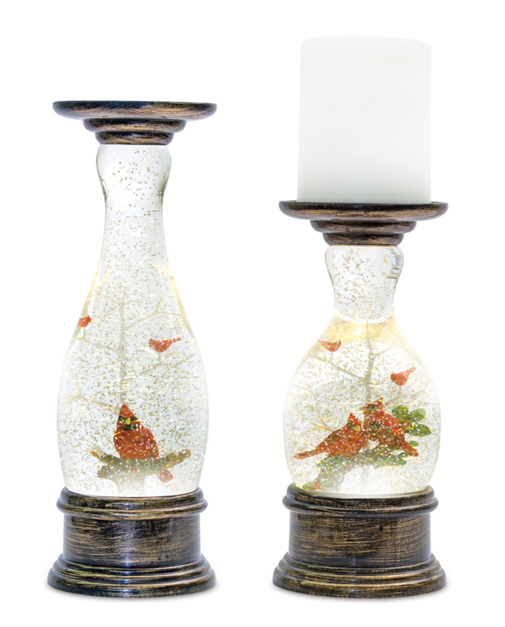 Set of 2 Snowglobe Cardinal LED Candlesticks