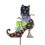 Load image into Gallery viewer, Fall/Halloween: Black Cat in Polka Dot Shoe Metal Stake
