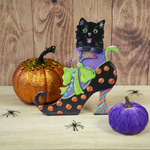 Load image into Gallery viewer, Fall/Halloween: Black Cat in Polka Dot Shoe Metal Stake
