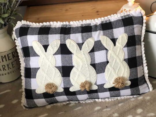 Buffalo Check Black and White Sweater Bunnies Pillow