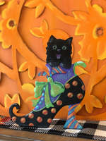 Load image into Gallery viewer, Fall/Halloween: Black Cat in Polka Dot Shoe Metal Stake
