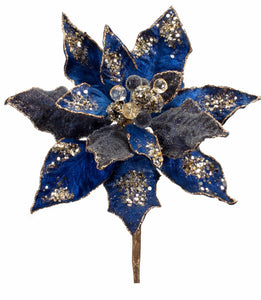 Navy/Blue Glam Velvet Poinsettia with Sequins Pack of 3