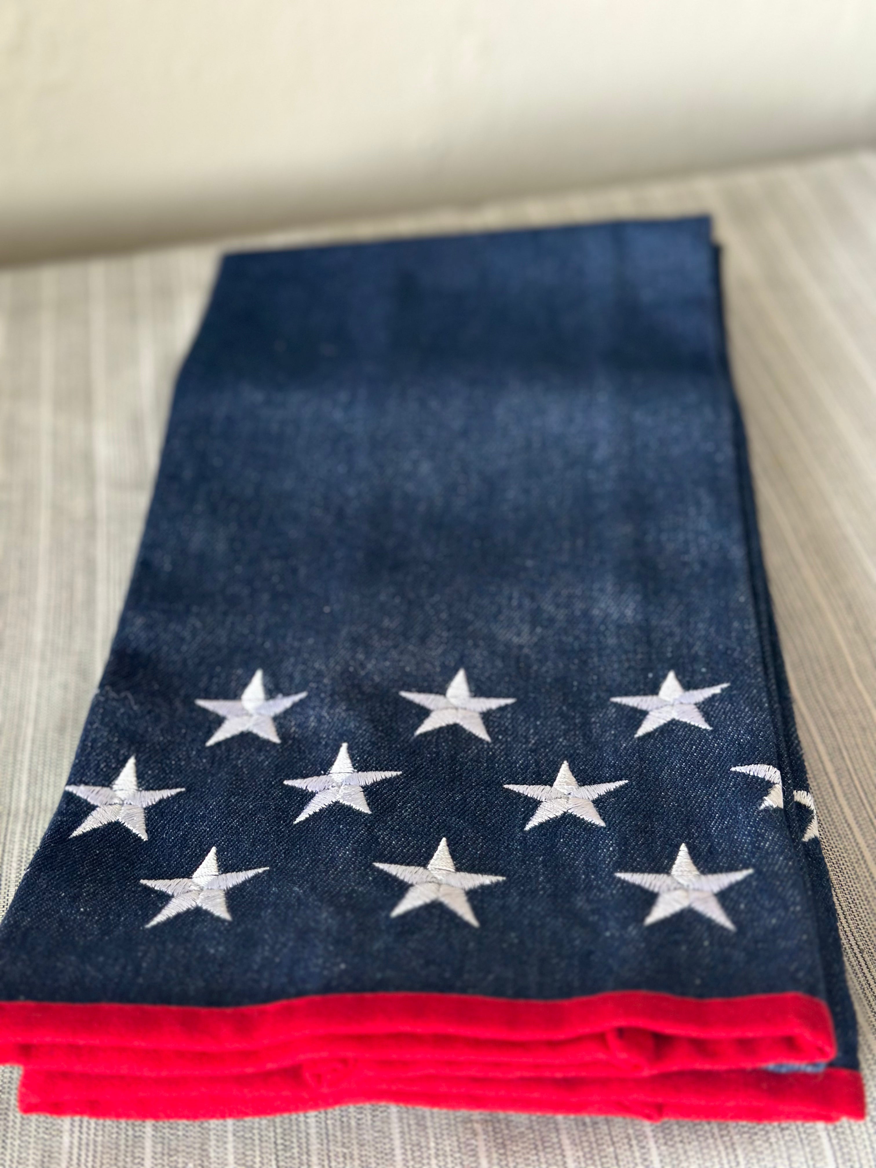 Denim Americana Hand Towel with Stars and Red Trim