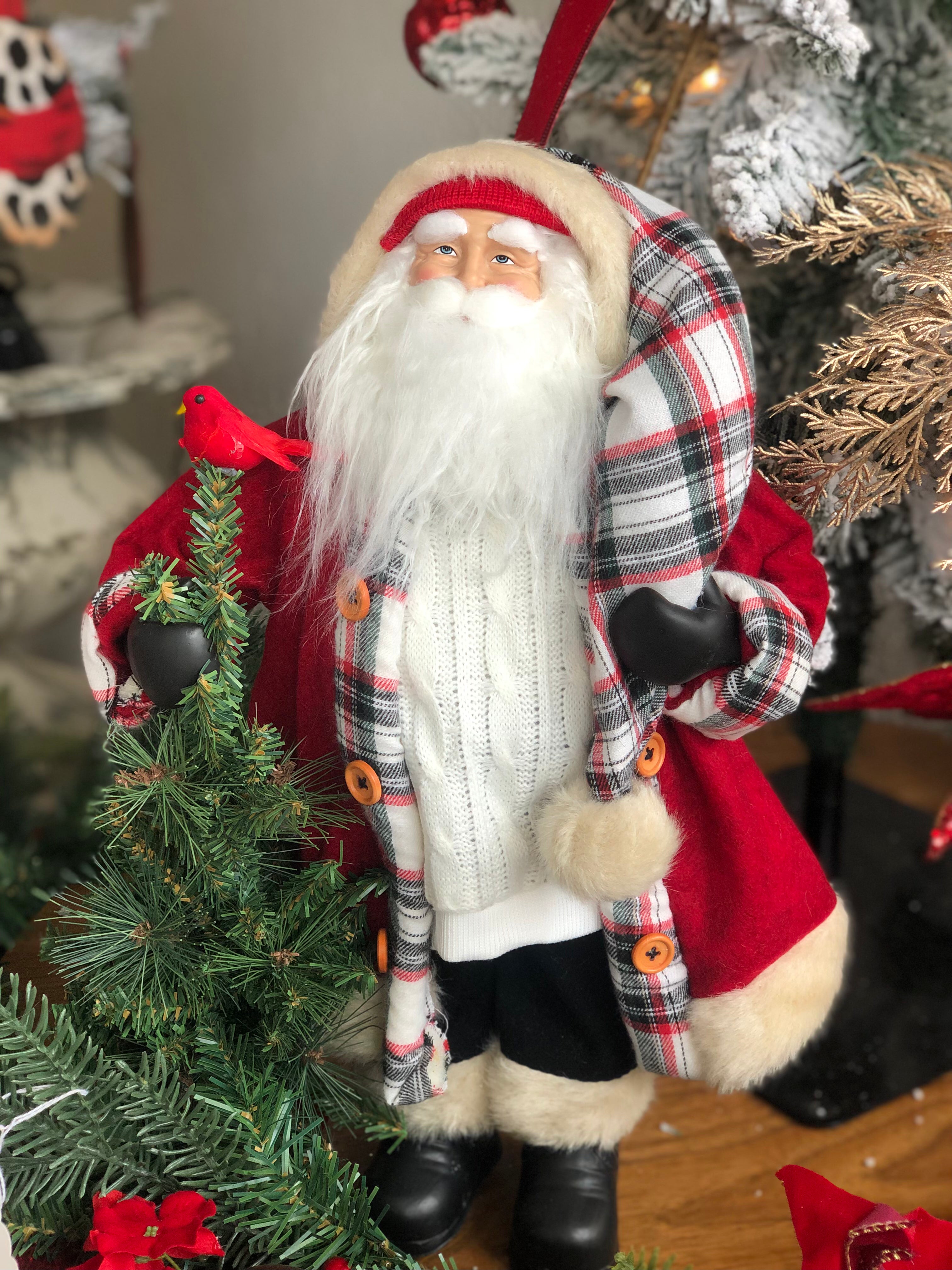 Classic Plaid Santa with Christmas Tree and Cardinal on arm