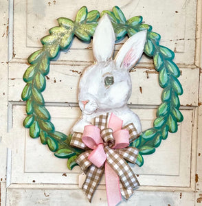 White Bunny Wreath Metal Hanging Decor Holds Mini Print