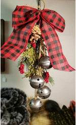 Load image into Gallery viewer, Buffalo Check Bow Red &amp; Black Hanging Bells
