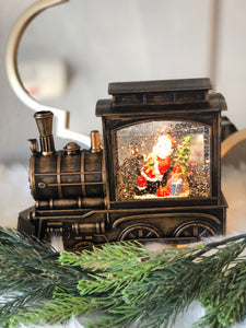 Santa Clause in Bronze Train Snow Globe LED