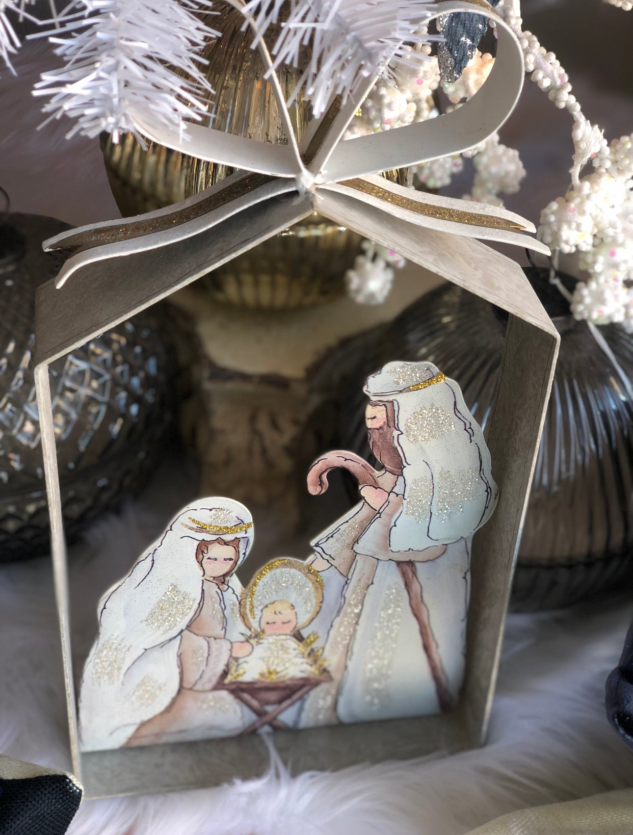 Nativity in Galvanized Frame with Bow