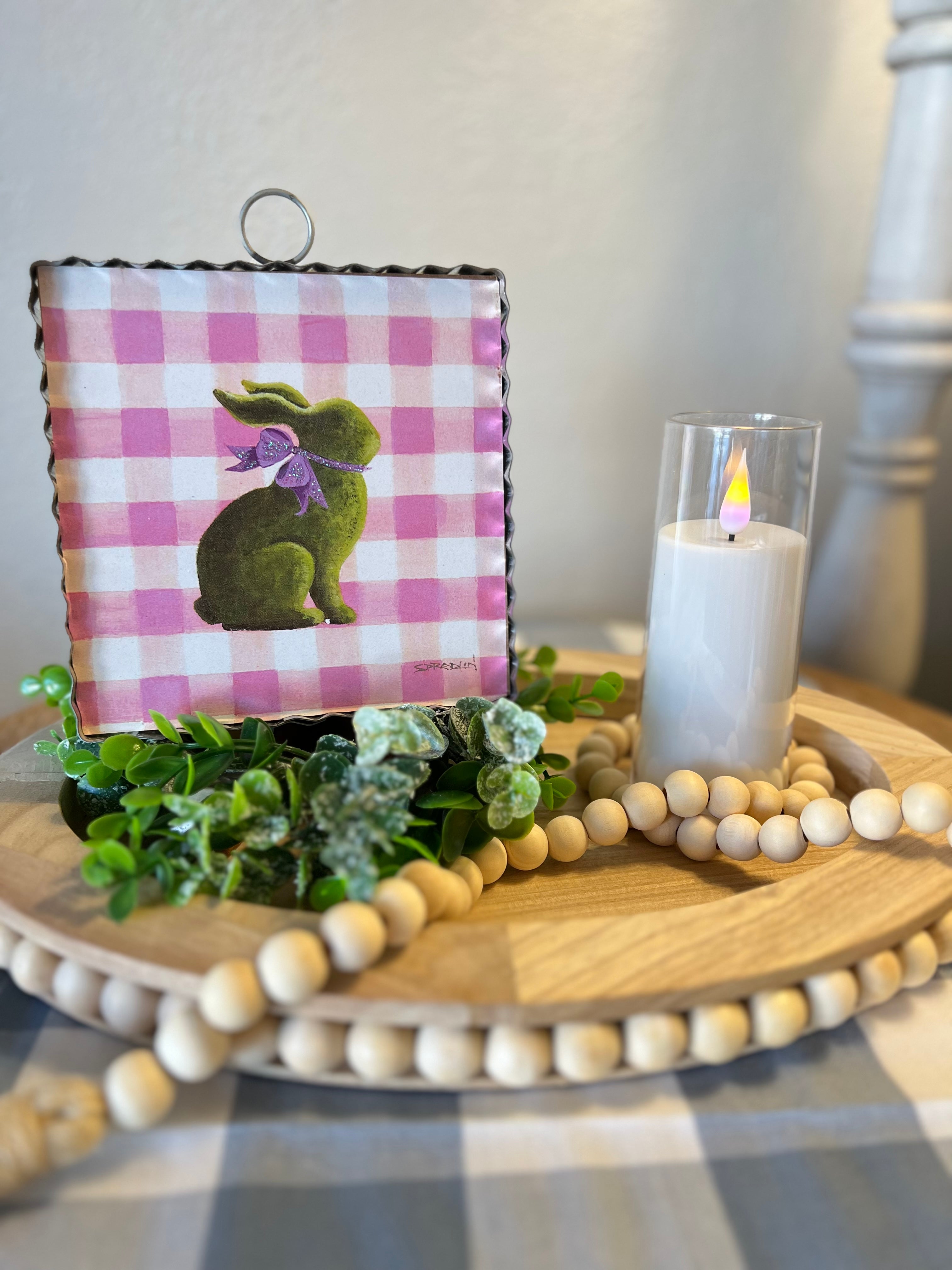 Pink Check and Bunny  Mini Print with Galvanized Frame