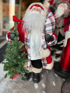 Classic Plaid Santa with Christmas Tree and Cardinal on arm