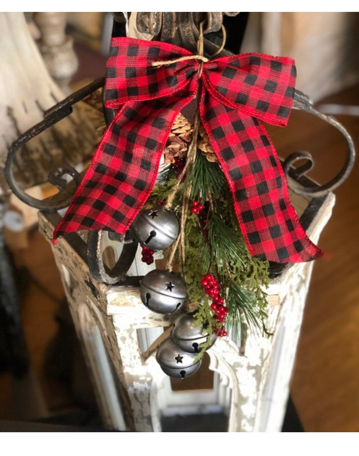 Buffalo Check Bow Red & Black Hanging Bells