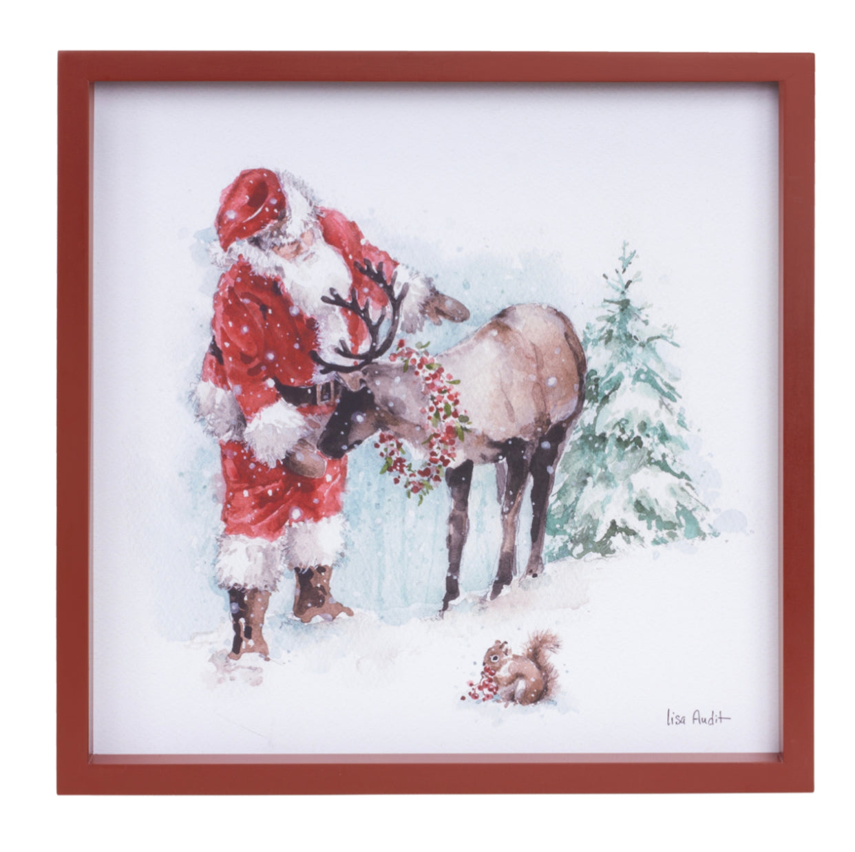 Santa Clause & Reindeer Picture Framed Red