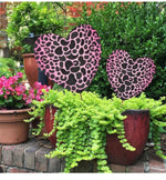 Load image into Gallery viewer, Valentine&#39;s Day: Set of 2 Pink and Black Leopard Hearts Metal with stakes
