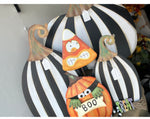 Load image into Gallery viewer, Set of 2: Large Black &amp; White Tall &amp; Short Striped Pumpkin Stake
