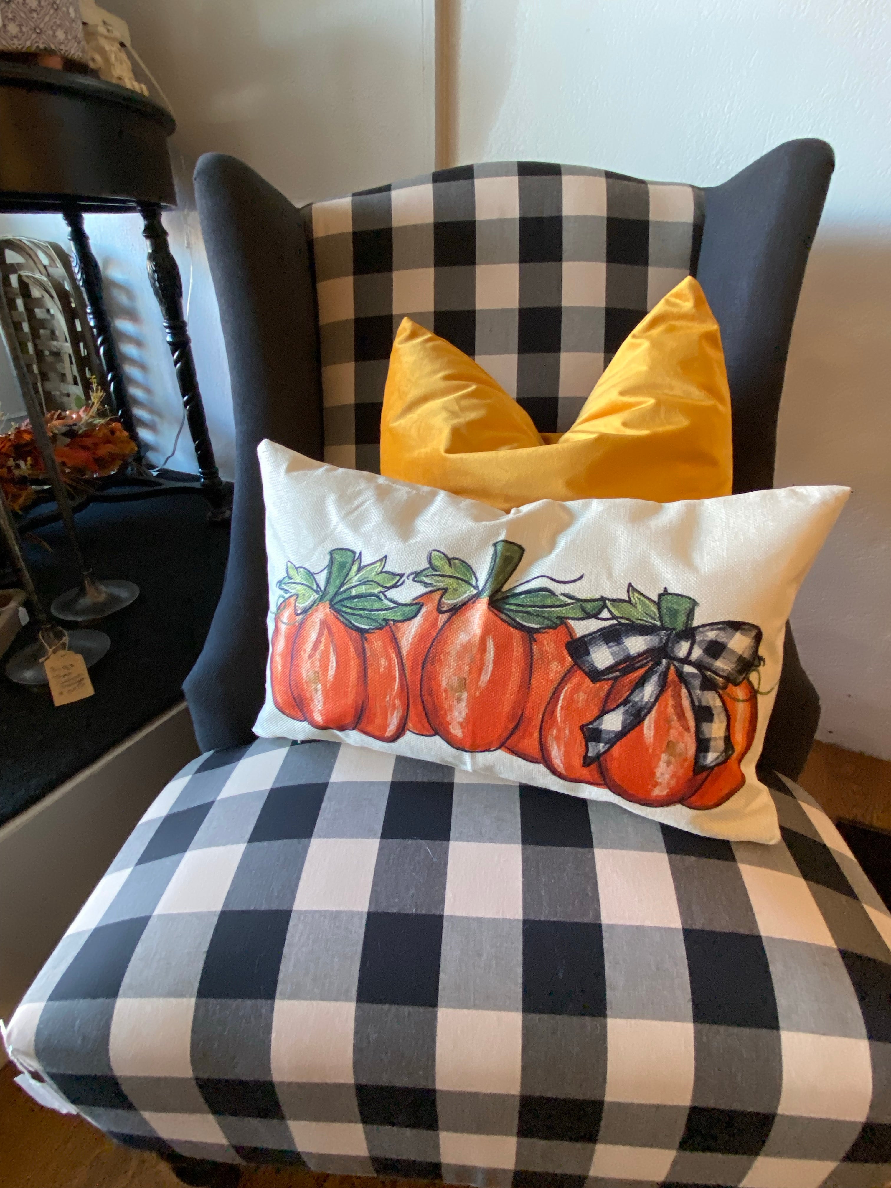 Three Pumpkin Pillow 12”x20” with Buffalo Check Bow