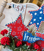 Load image into Gallery viewer, Americana Patriotic Floral Arrangement Galvanized Container

