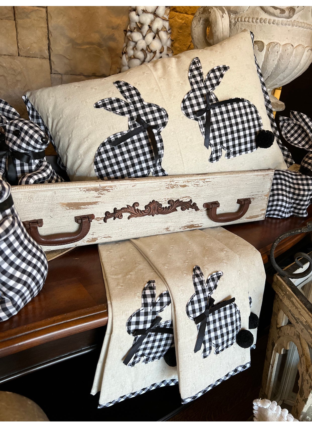 Black & White Gingham Bunnies Hand Towel