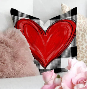 Valentines Day: Black & White Check Pillow with Red Heart