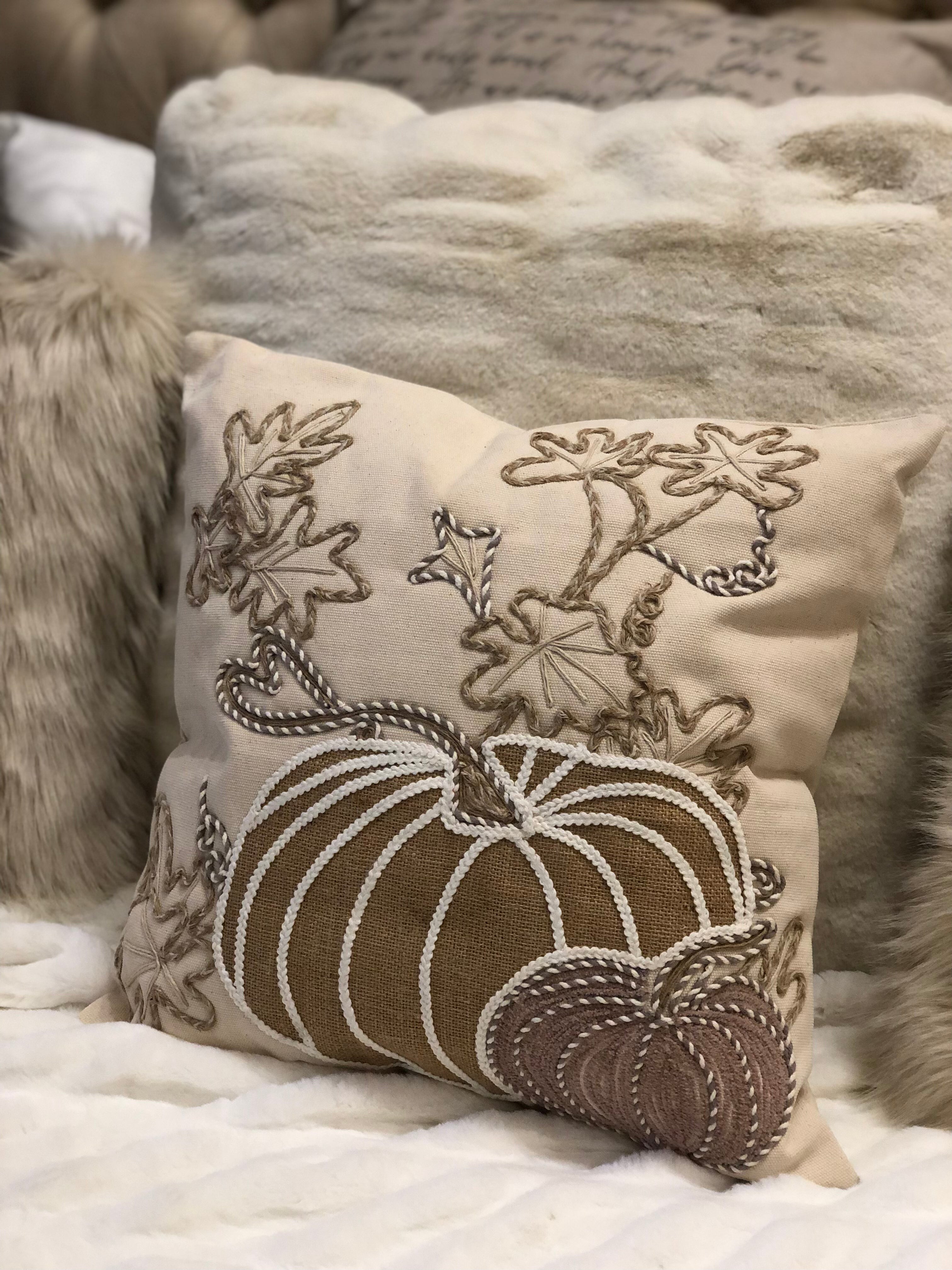 Light Taupe, White and Gray Pumpkin Pillow