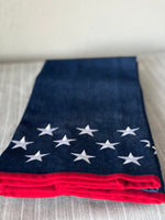 Load image into Gallery viewer, Denim Americana Hand Towel with Stars and Red Trim
