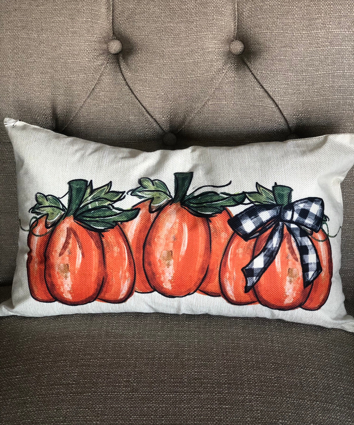 Three Pumpkin Pillow 12”x20” with Buffalo Check Bow