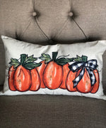 Load image into Gallery viewer, Three Pumpkin Pillow 12”x20” with Buffalo Check Bow
