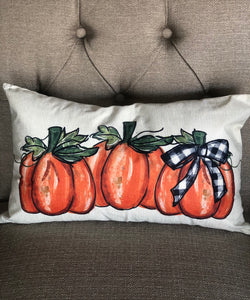 Three Pumpkin Pillow 12”x20” with Buffalo Check Bow