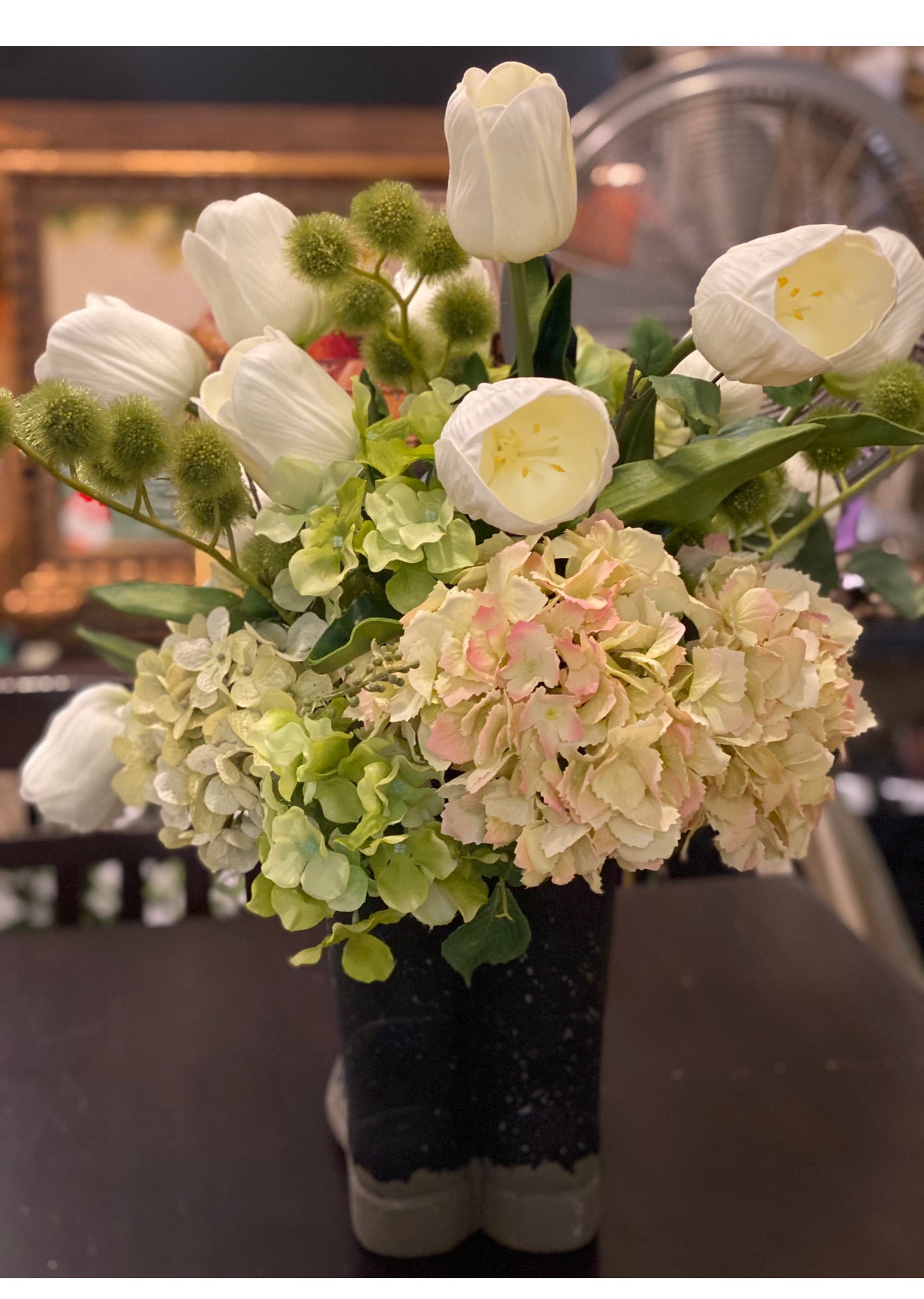 Rain Boots Tulip & Hydrangea Arrangement