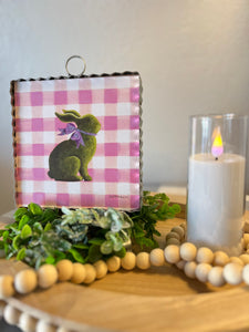 Pink Check and Bunny  Mini Print with Galvanized Frame