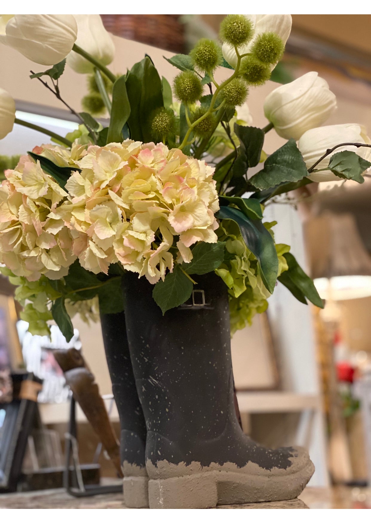 Rain Boots Tulip & Hydrangea Arrangement