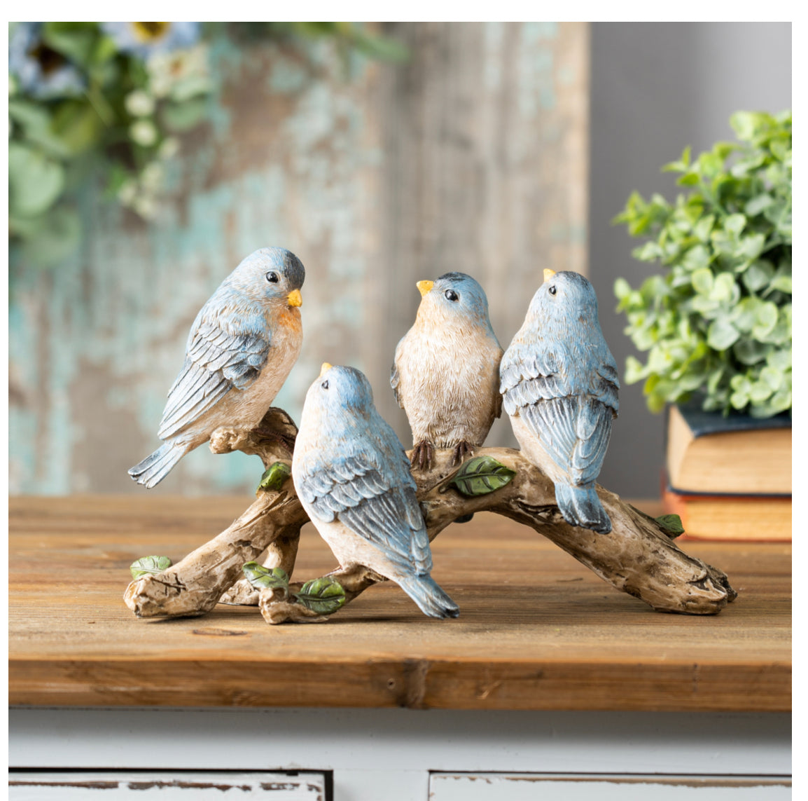 Blue Birds on a Wood Branch Resin Accessories