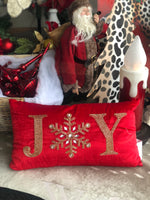 Load image into Gallery viewer, Red and Gold JOY Velvet Christmas Pillow
