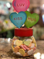 Load image into Gallery viewer, Fun Pile of Conversation Hearts on Jar with Candy
