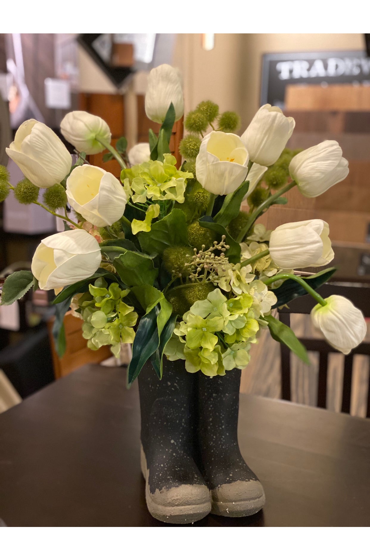 Rain Boots Tulip & Hydrangea Arrangement