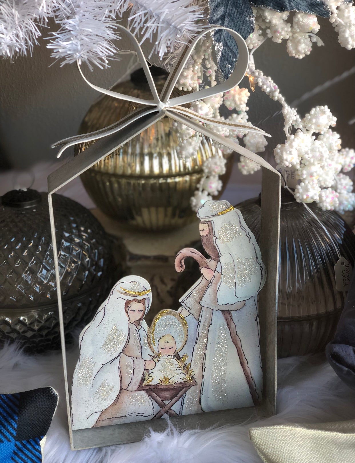 Nativity in Galvanized Frame with Bow