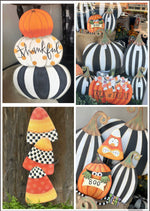 Load image into Gallery viewer, Set of 2: Large Black &amp; White Tall &amp; Short Striped Pumpkin Stake
