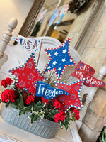 Load image into Gallery viewer, Americana Patriotic Floral Arrangement Galvanized Container
