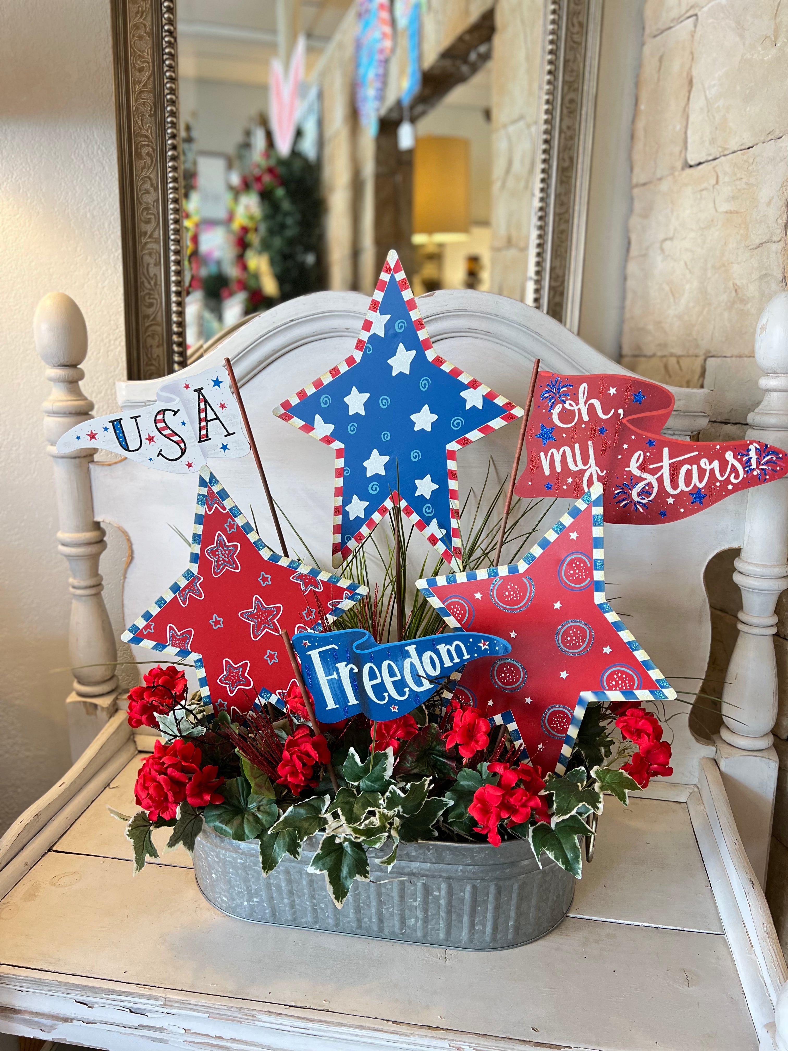 Americana Patriotic Floral Arrangement Galvanized Container