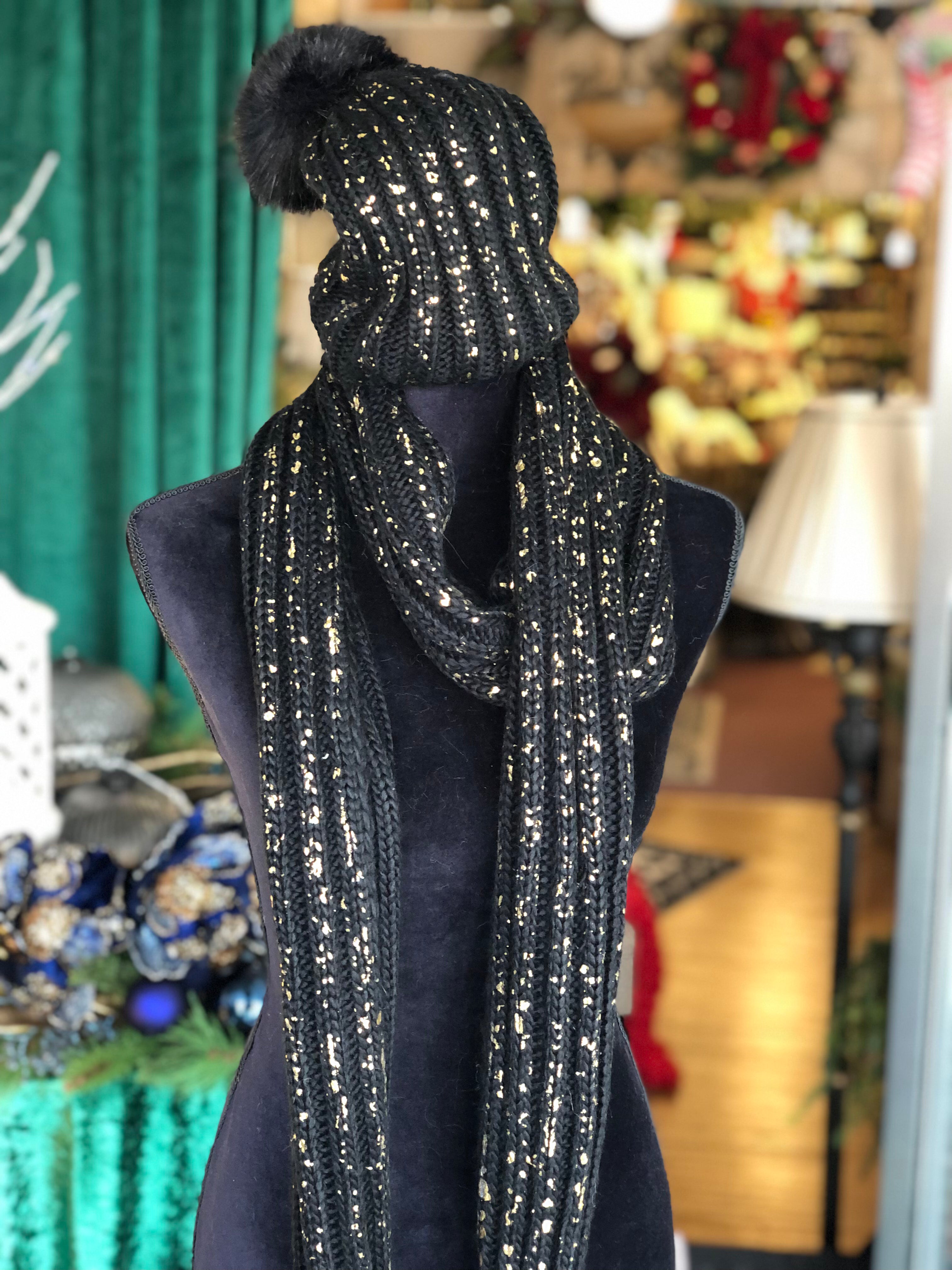 Glam Black & Gold Knit Metallic Scarf with Matching Hat