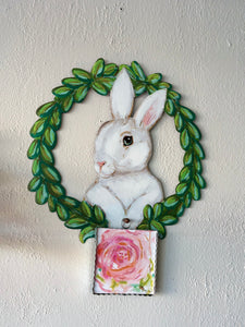 White Bunny Wreath Metal Hanging Decor Holds Mini Print