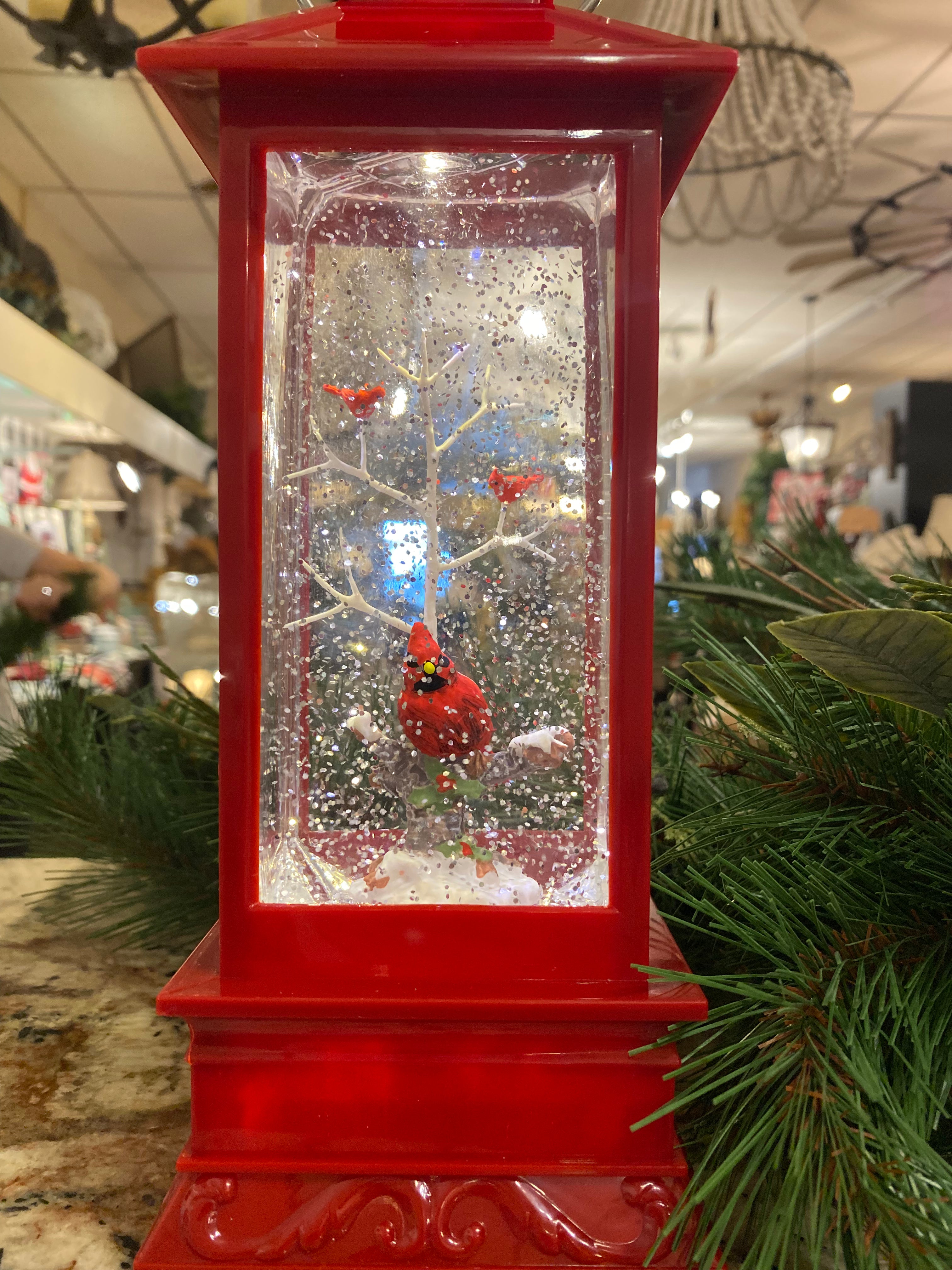 Red Lantern Snow Globe with Cardinals