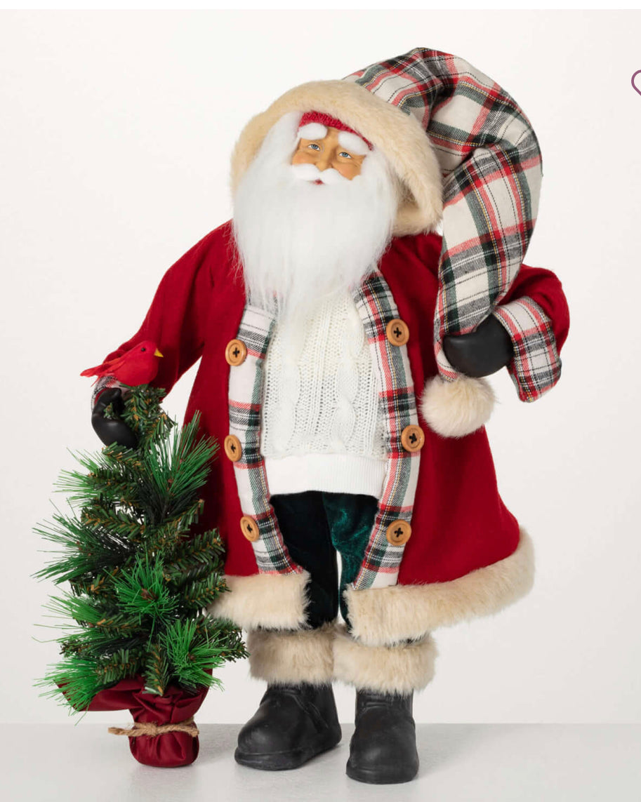 Classic Plaid Santa with Christmas Tree and Cardinal on arm